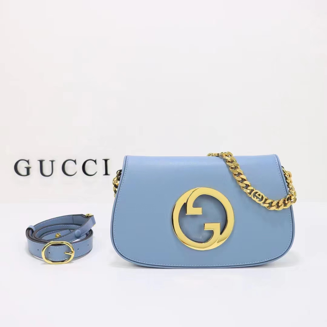 Gucci Women GG Blondie Shoulder Bag Blue Leather Round Interlocking G