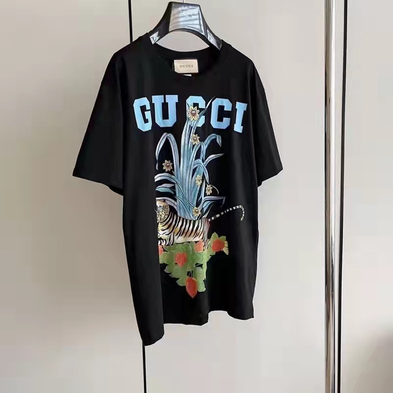 Gucci GG Men Gucci Tiger Flower T-shirt Black Cotton Jersey Crewneck Oversize Fit