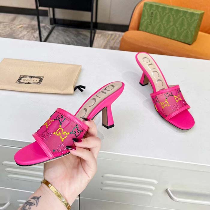 Gucci Women GG Mid Heel Slide Sandal Fuchsia GG Crystal Mesh 7.4 CM Heel