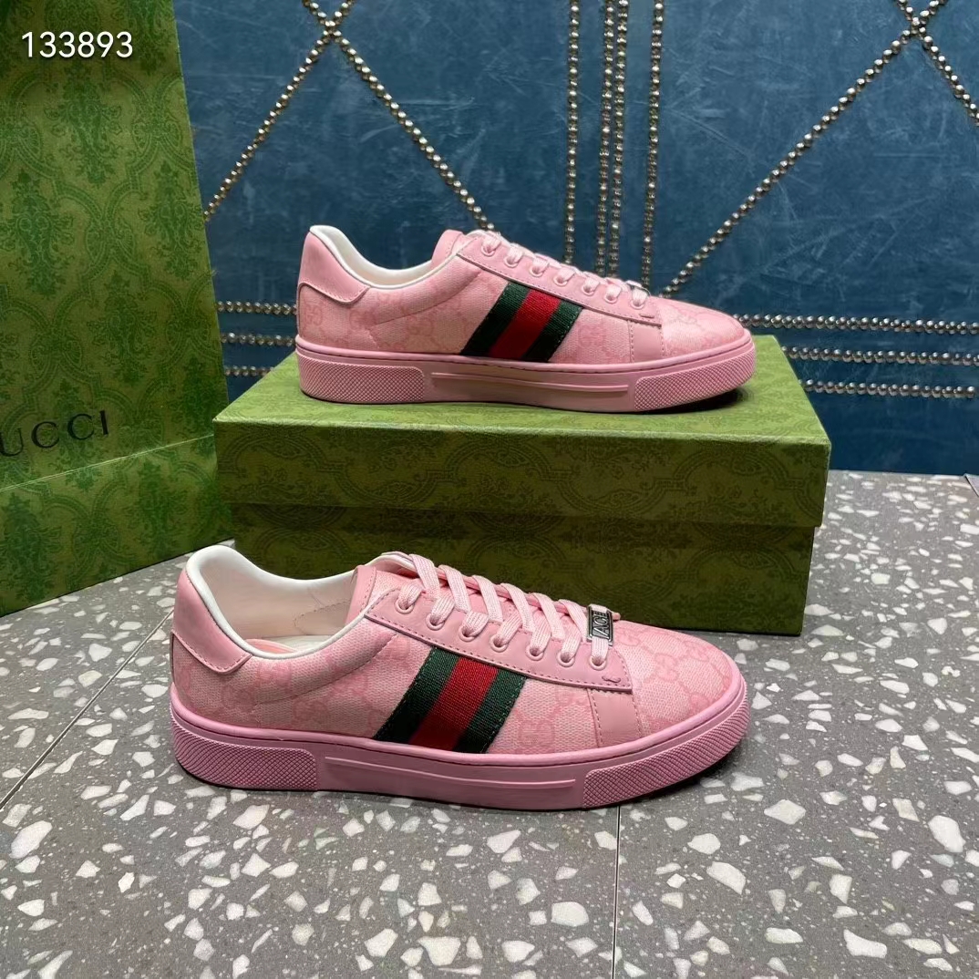 Gucci Women GG Ace Sneaker Web Pink GG Crystal Canvas Rubber Low-Heel