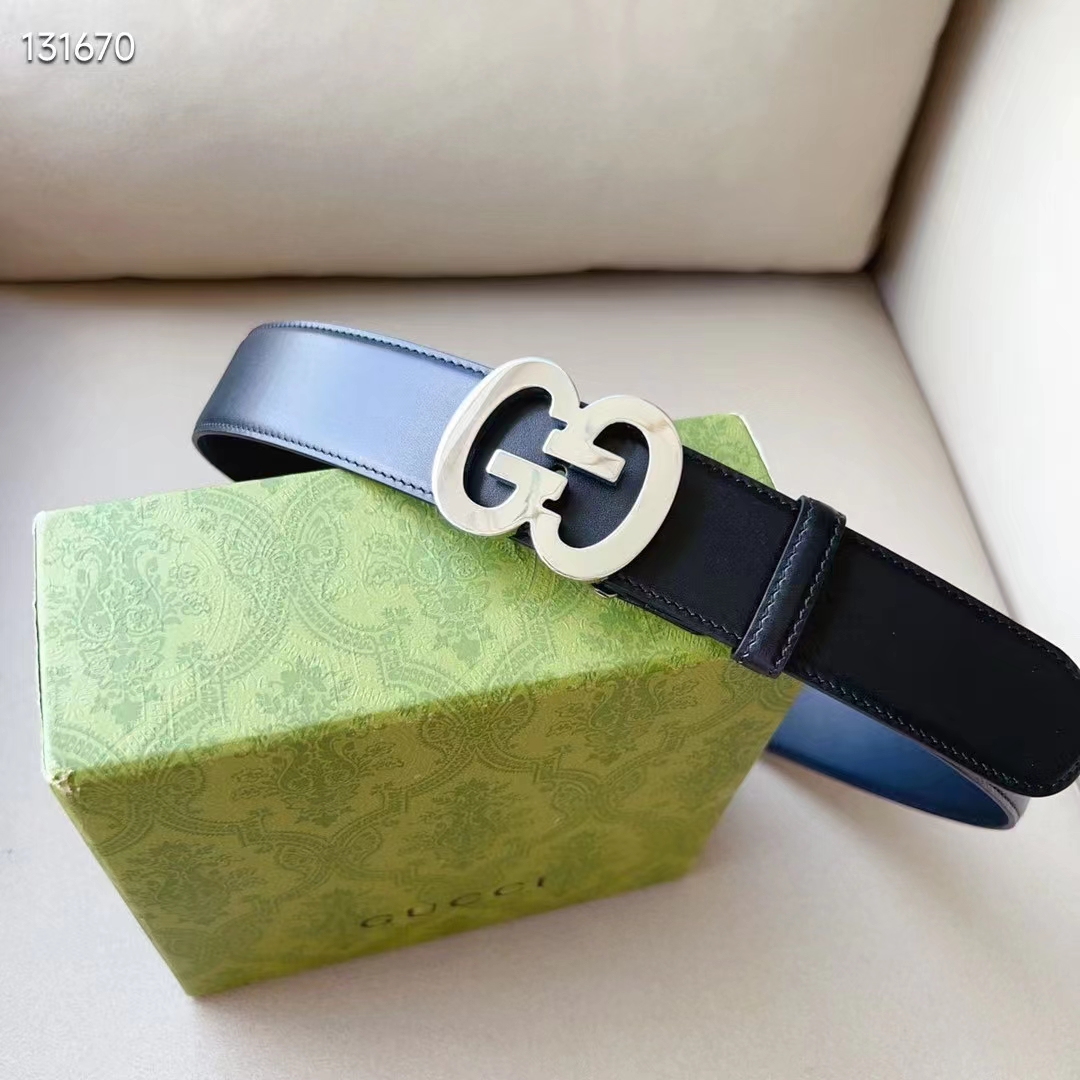 Gucci GG Unisex Buckle Wide Belt Black Leather Double G 4 CM Width