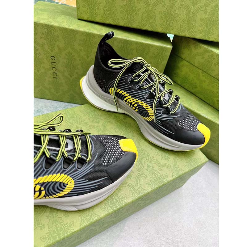 Gucci Unisex GG Run Sneaker Black Lime Technical Knit Fabric Rubber Interlocking G