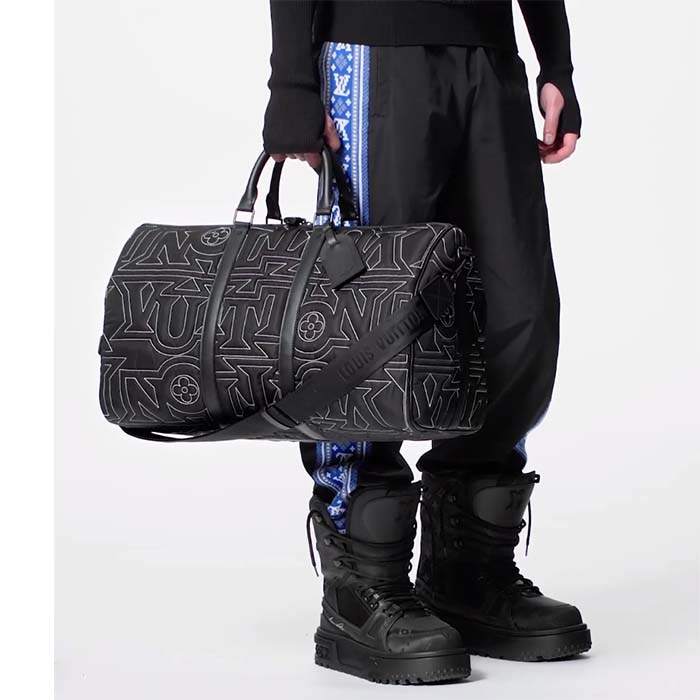 Louis Vuitton LV Unisex Keepall 50B Black Nylon Cowhide Leather Signature Embroidery