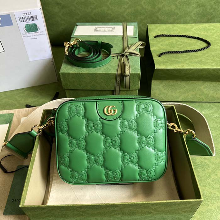Gucci Women GG Matelassé Leather Small Bag Bright Green Double G Zip Closure