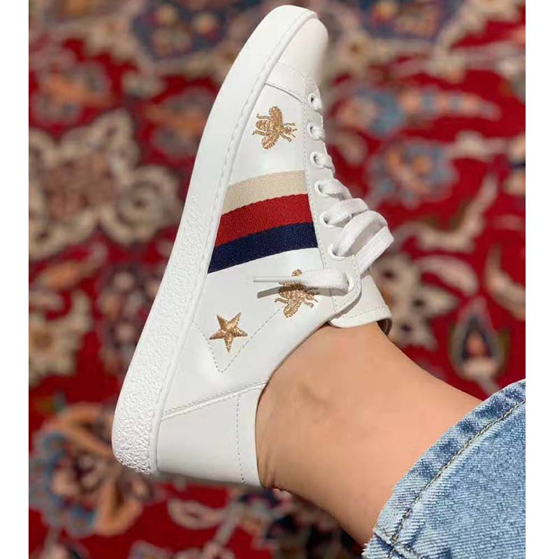 Gucci Women’s Ace Embroidered Sneaker in White Leather with Bees and Stars