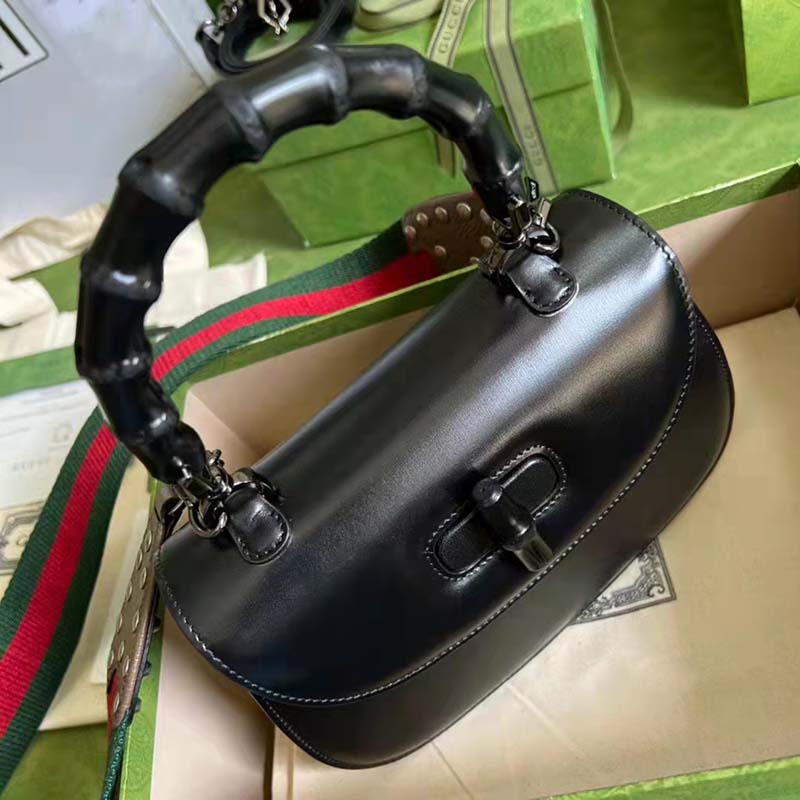 Gucci GG Women Small Top Handle Bag with Bamboo Black Leather