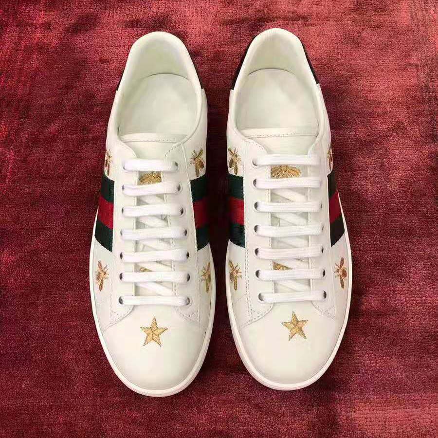 Gucci Men’s Ace Embroidered Sneaker in White Leather with Bees and Stars