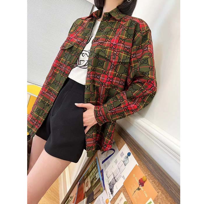 Gucci Women GG Tartan Wool Shirt Green Red GG Point Collar Long Sleeves Button Cuffs
