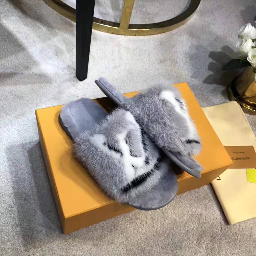 Louis Vuitton LV Women Homey Flat Mule in Mink Fur-Grey