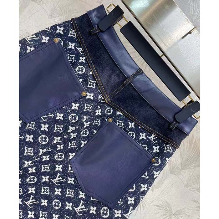 Louis Vuitton Women LV Monogram Denim Midi Skirt Cotton Navy
