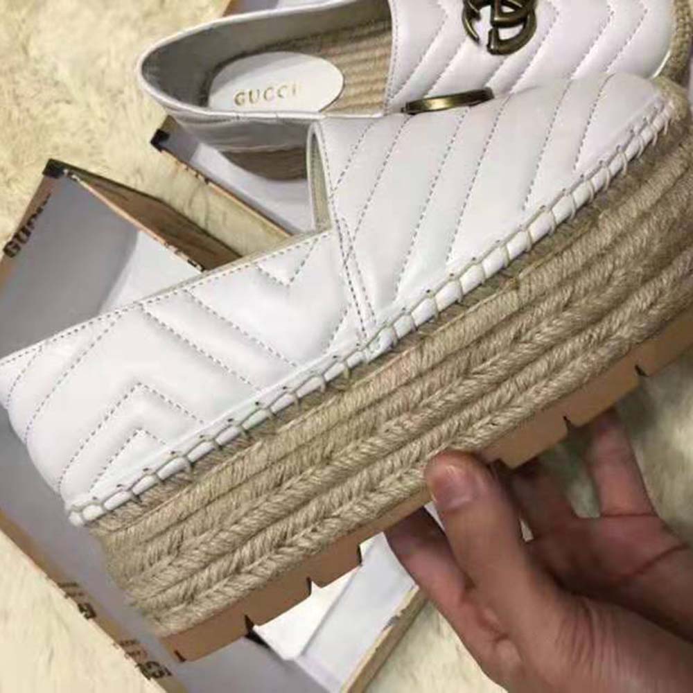 Gucci Women Chevron Leather Espadrille with Double G in 5.1 cm Height-White
