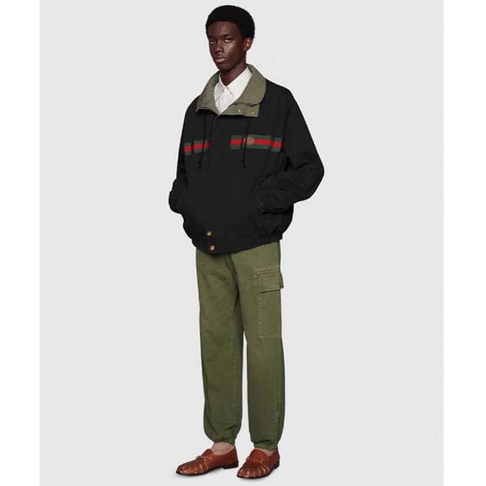 Gucci GG Men Cotton Jersey Sweatshirt Web Black Hooded Fixed Hood Drawstring Jacket