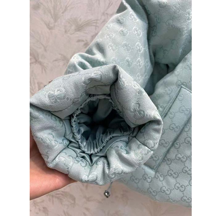 Gucci Women GG Canvas Hooded Bomber Jacket Pale Blue Two Side Pockets Padded Drawstring Hem