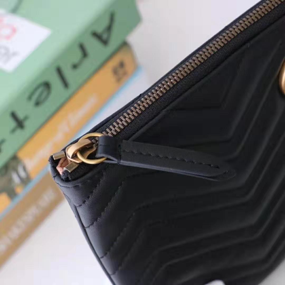 Gucci GG Women GG Marmont Leather Pouch in Black Matelassé Chevron Leather with Heart
