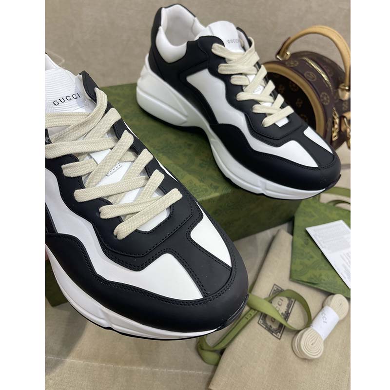 Gucci Unisex GG Rhyton Sneaker Black White Leather Rubber Sole 5 Cm Low Heel