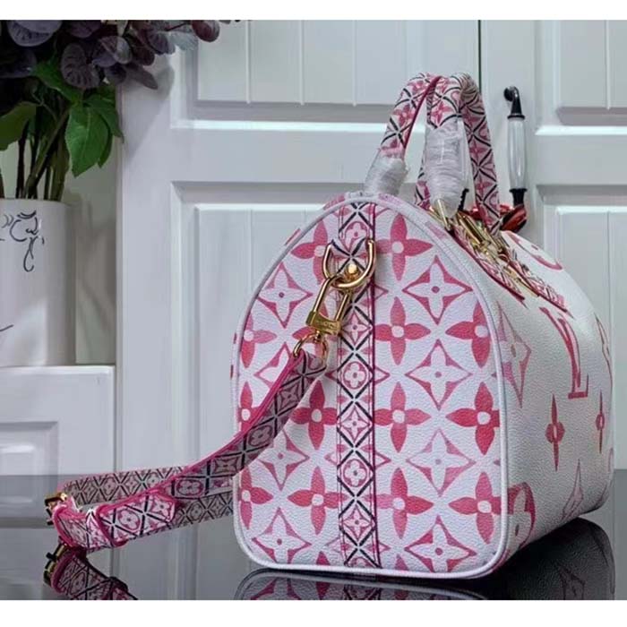 Louis Vuitton Women LV Speedy Bandoulière 25 Pink Monogram Coated Canvas Double Zip Padlock