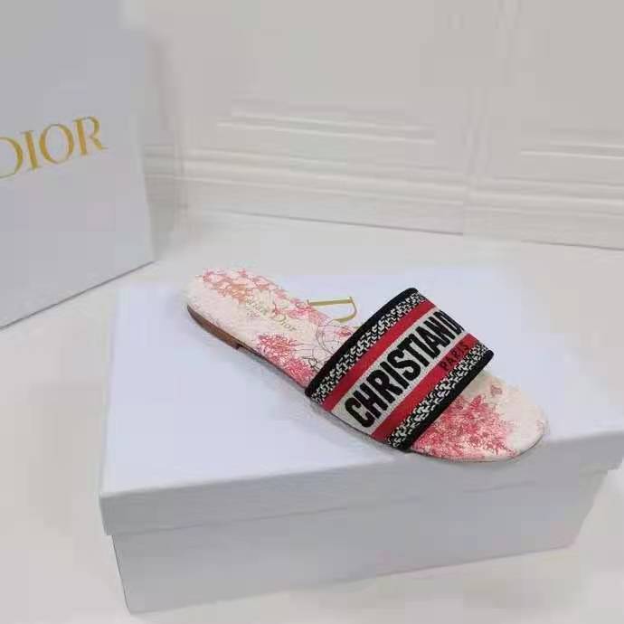 Dior Women Shoes Dway Dioramour Slide White Red D-Royaume D’Amour Embroidered Cotton