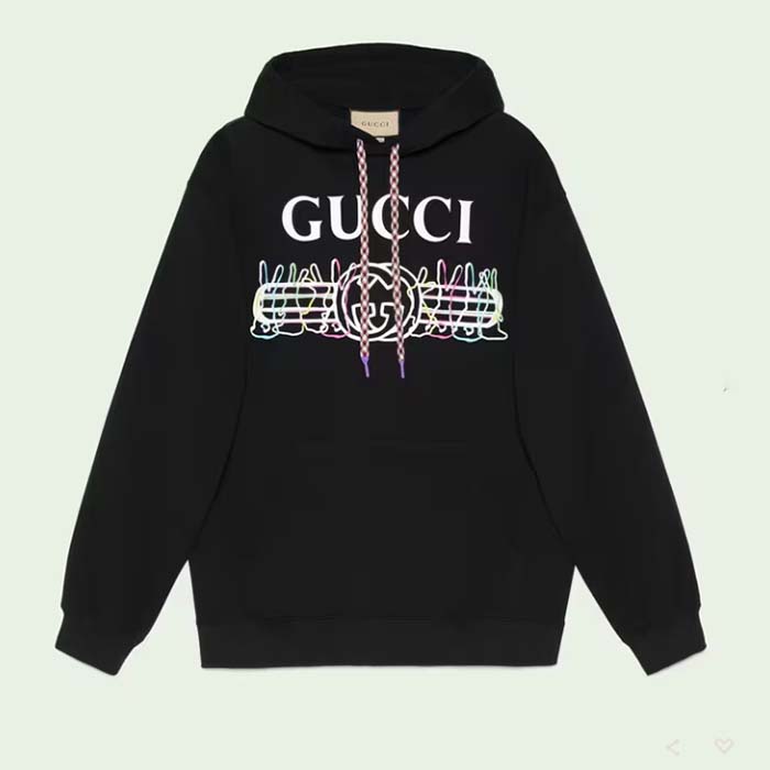 Gucci Women GG Cotton Jersey Sweatshirt Black Felted Long Sleeves Kangaroo Front Pocket