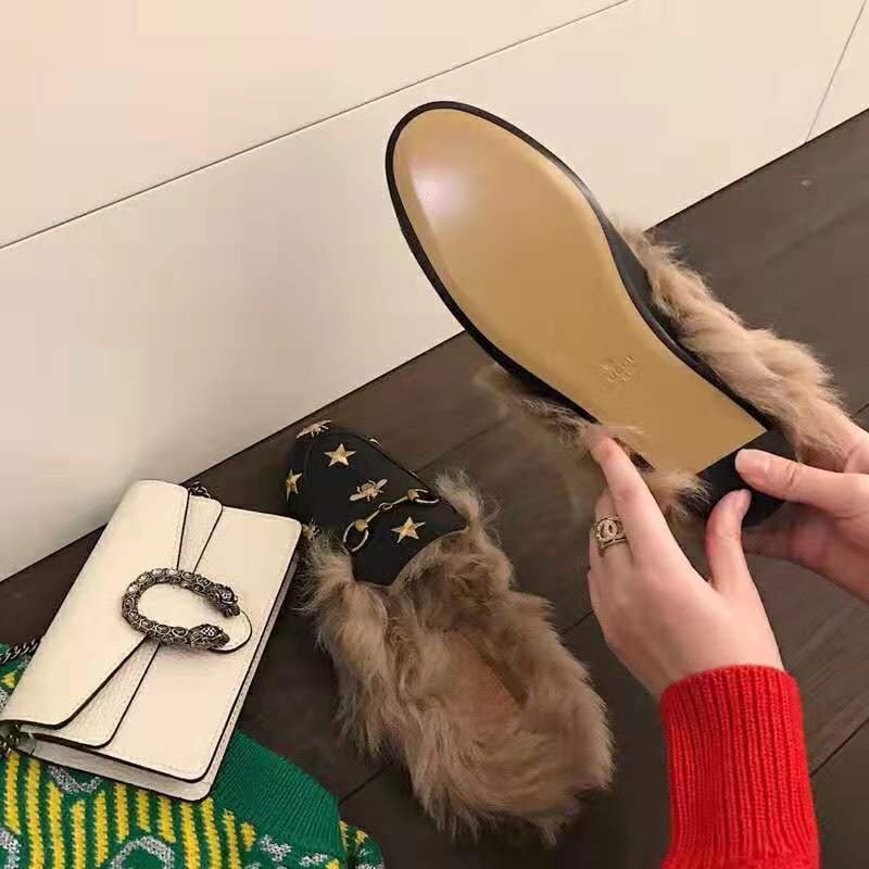 Gucci Unisex Princetown Embroidered Leather Slipper with Bees and Stars in Lamb Wool-Black