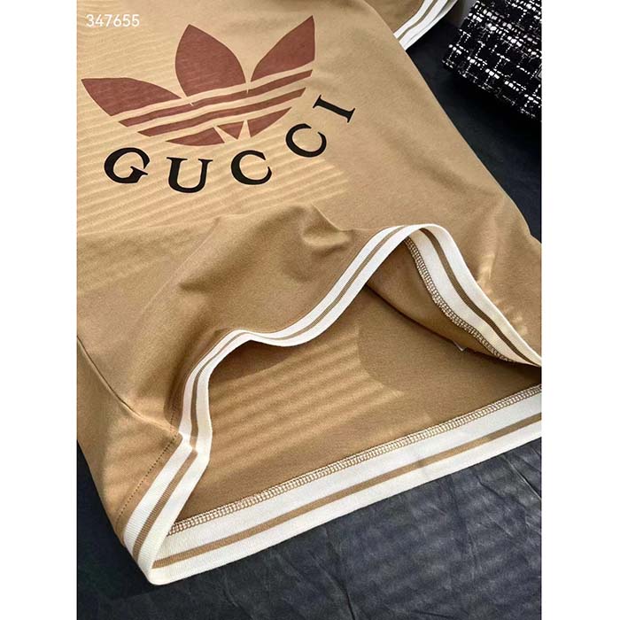 Gucci Women GG Adidas x Gucci Cotton T-Shirt Camel Jersey Trefoil Print Crewneck