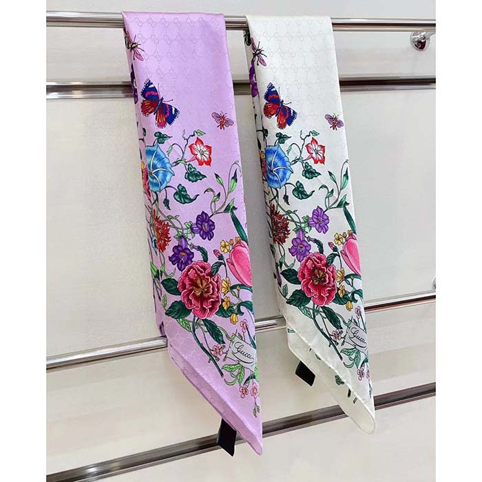 Gucci Women GG Flora Print Silk Carré Multicolor White Twill