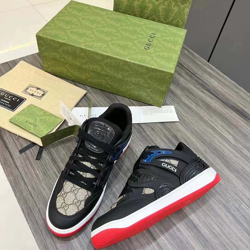 Gucci Unisex GG Basket Sneaker Interlocking G Black Beige Ebony GG Supreme Canvas