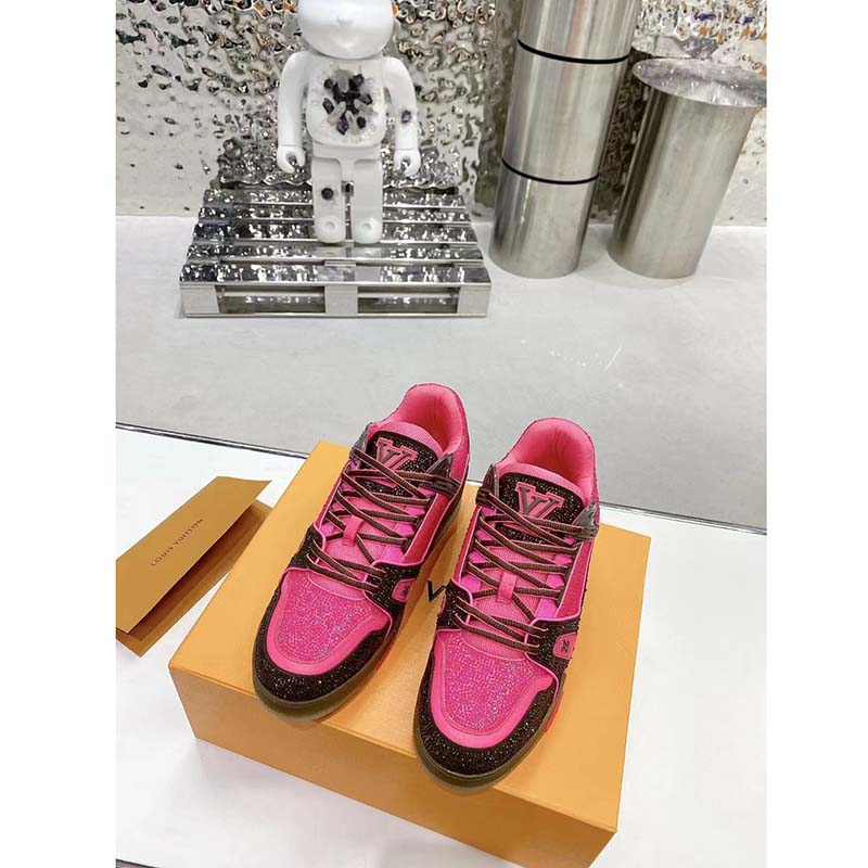Louis Vuitton LV Unisex Trainer Sneaker Pink Strass Rubber Initials Monogram Flowers
