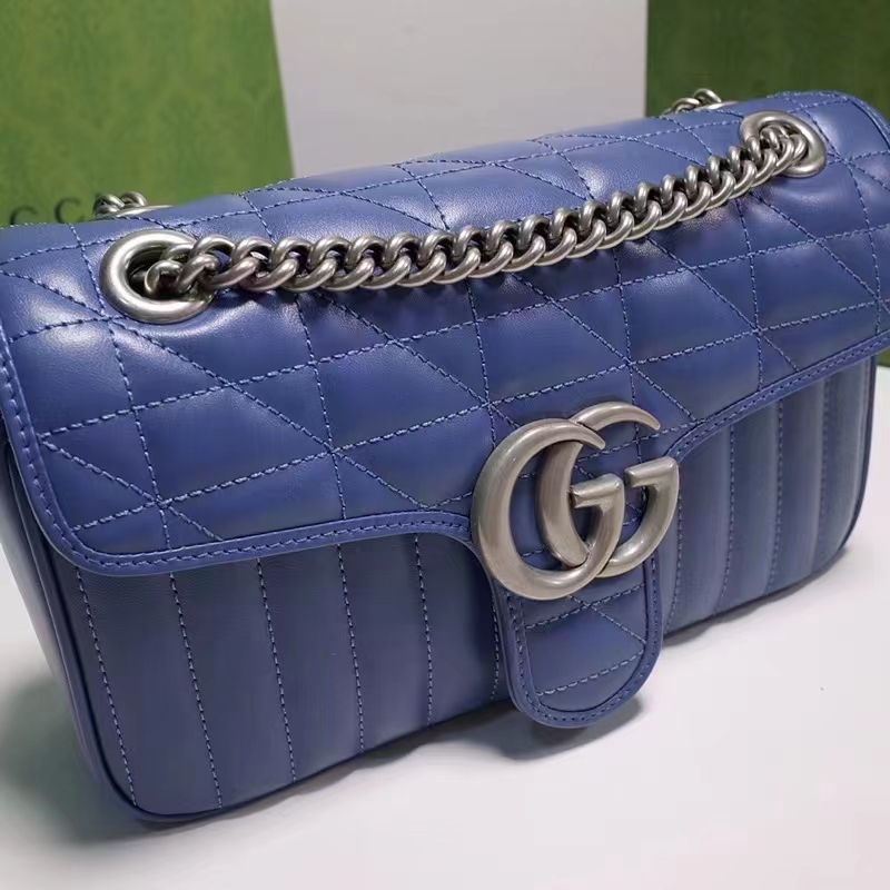 Gucci Women GG Marmont Small Shoulder Bag Blue Matelassé Leather Double G