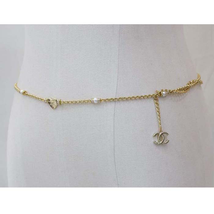 Chanel Women Chain Belt Metal Glass Pearls Strass Gold Pearly White Crystal