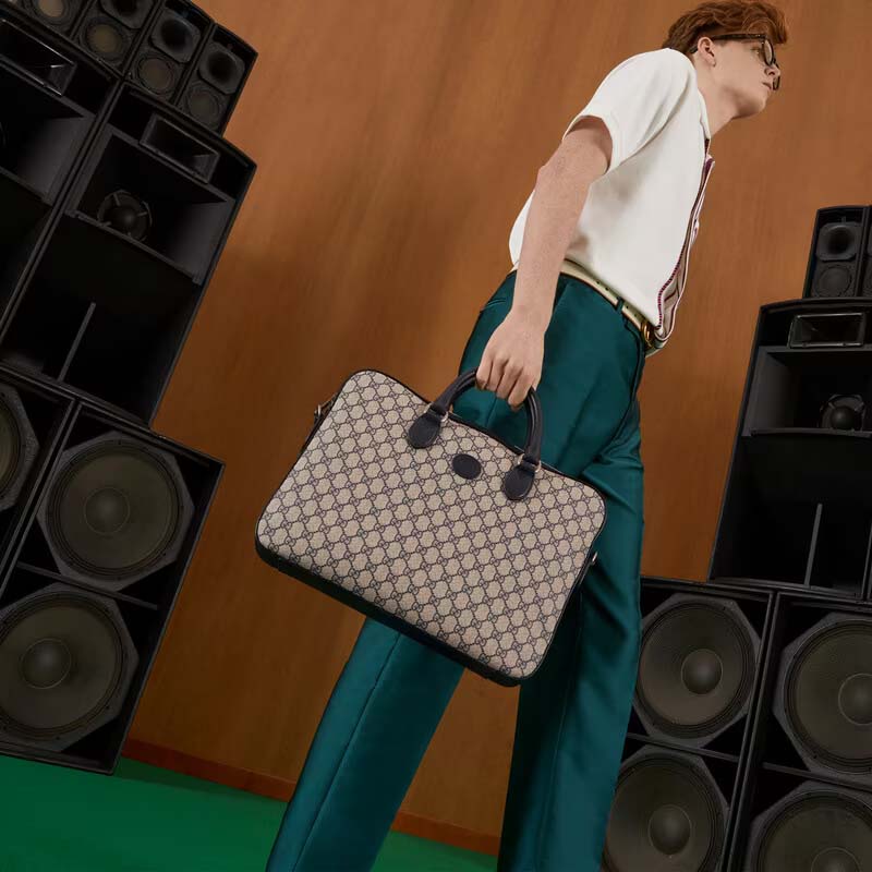 Gucci Unisex Business Case Interlocking G Blue Beige GG Supreme Canvas