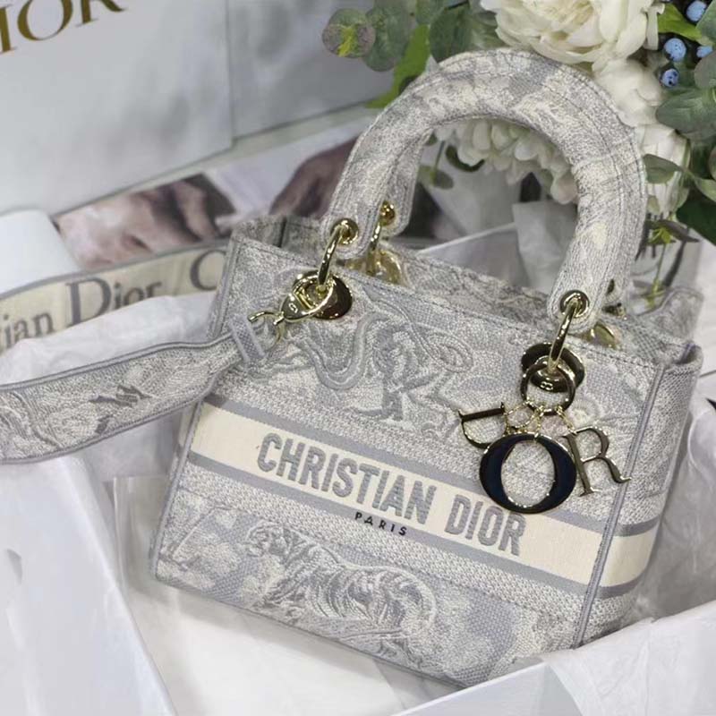 Dior Women CD Medium Lady D-Lite Bag Gray Toile De Jouy Reverse Embroidery