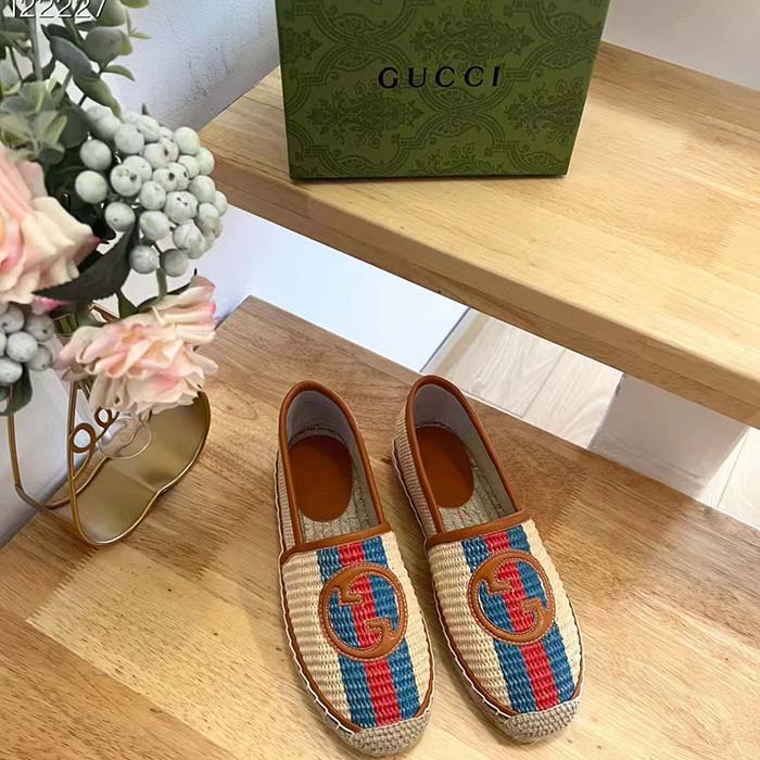 Gucci Unisex GG Interlocking G Espadrilles Natural Raffia Brown Leather Round Toe Flat