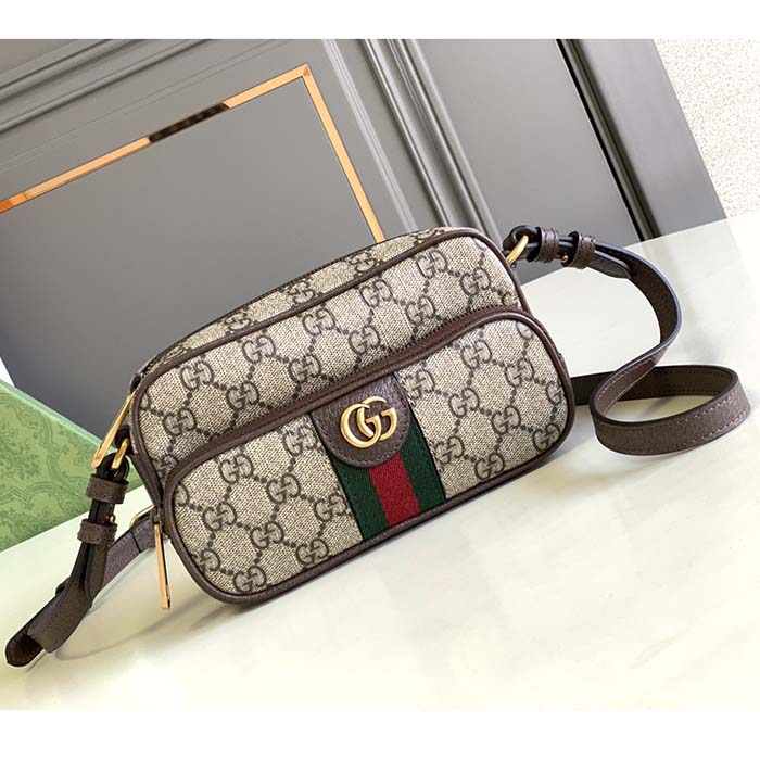 Gucci Unisex Ophidia Mini Bag Beige Ebony GG Supreme Canvas Brown Leather