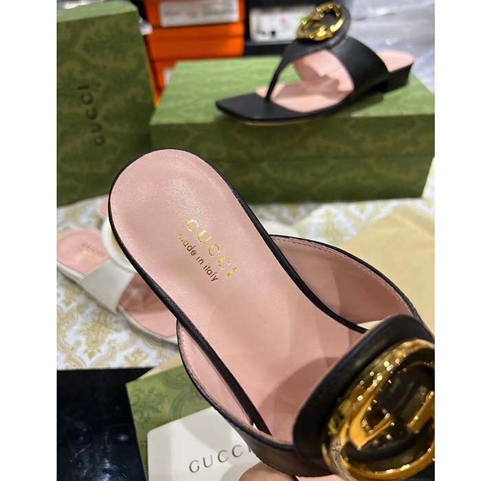 Gucci Women GG Blondie Thong Sandal Black Leather Round Interlocking G 1.5 CM Heel