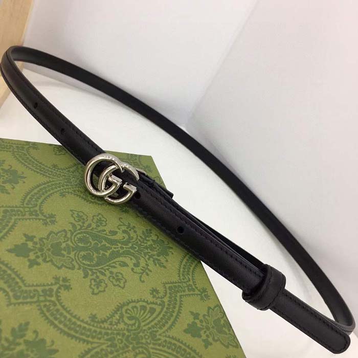Gucci Unisex GG Thin Belt Belt Black Leather Double G Buckle 1.3 CM Width