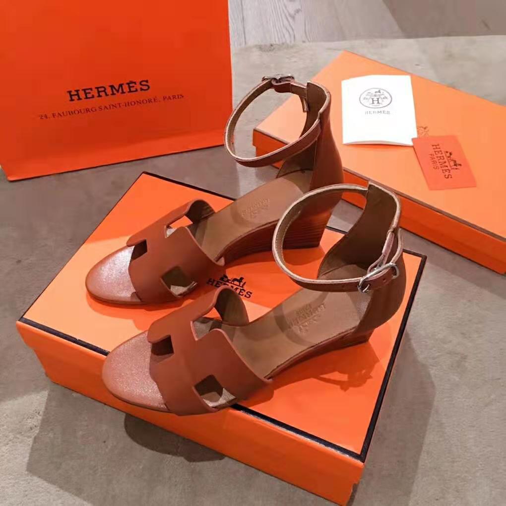 Hermes Women Legend Sandal Calfskin Iconic “H” 7.5 cm Heel-Brown