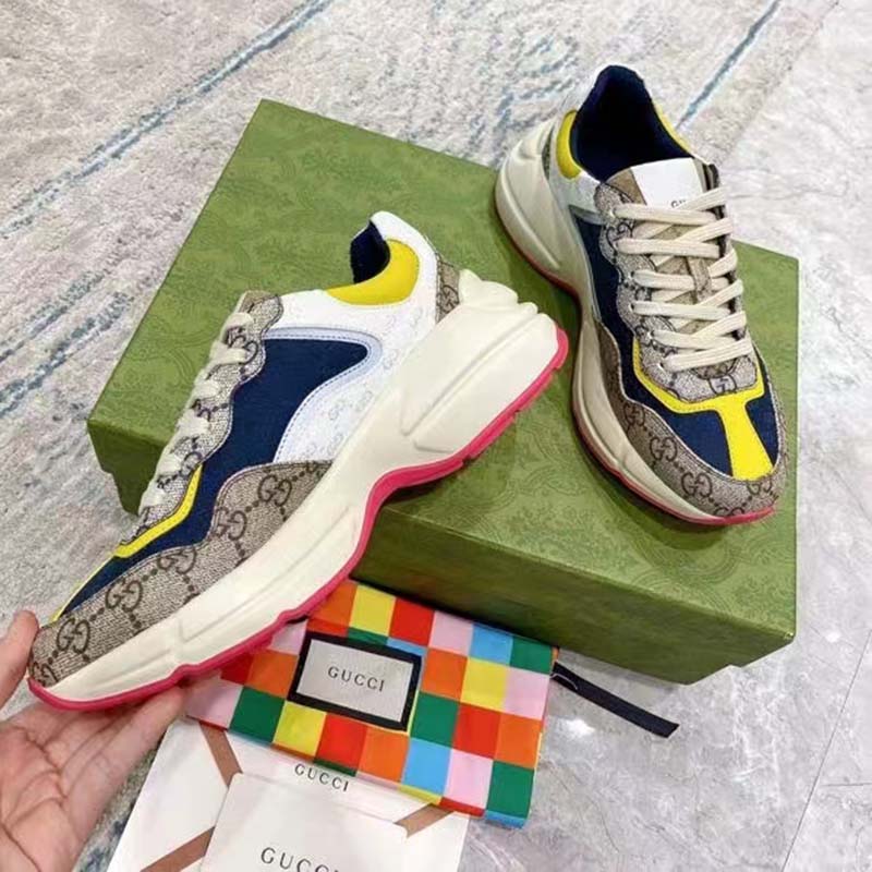 Gucci Unisex Rhyton Sneaker Beige White Blue GG Supreme Canvas Low Heel