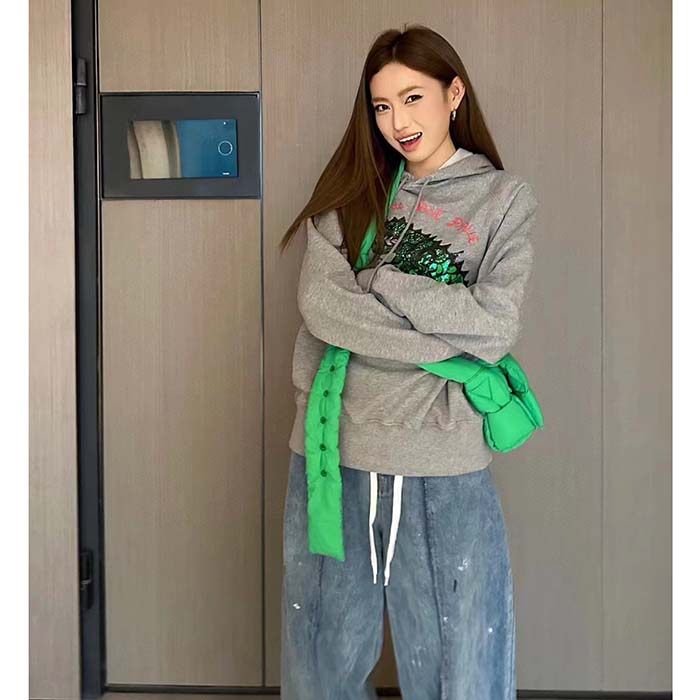 Dior Women CD Embroidered Hooded Sweatshirt Gray Cotton Jersey Green Dragon