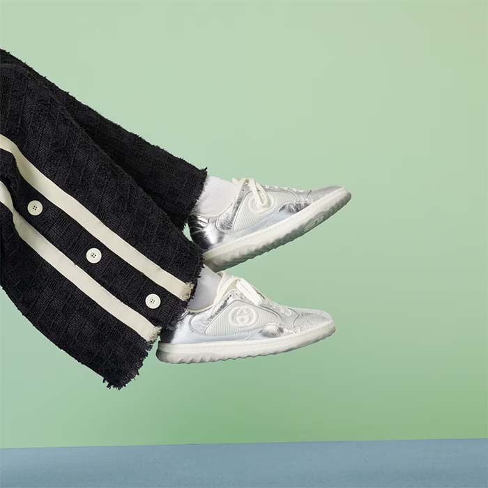 Gucci Unisex GG MAC80 Sneaker Metallic Silver Leather Round Toe Rubber Flat