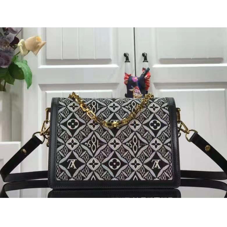 Louis Vuitton LV Women Since 1854 Dauphine MM Handbag Black Monogram Flowers Cowhide