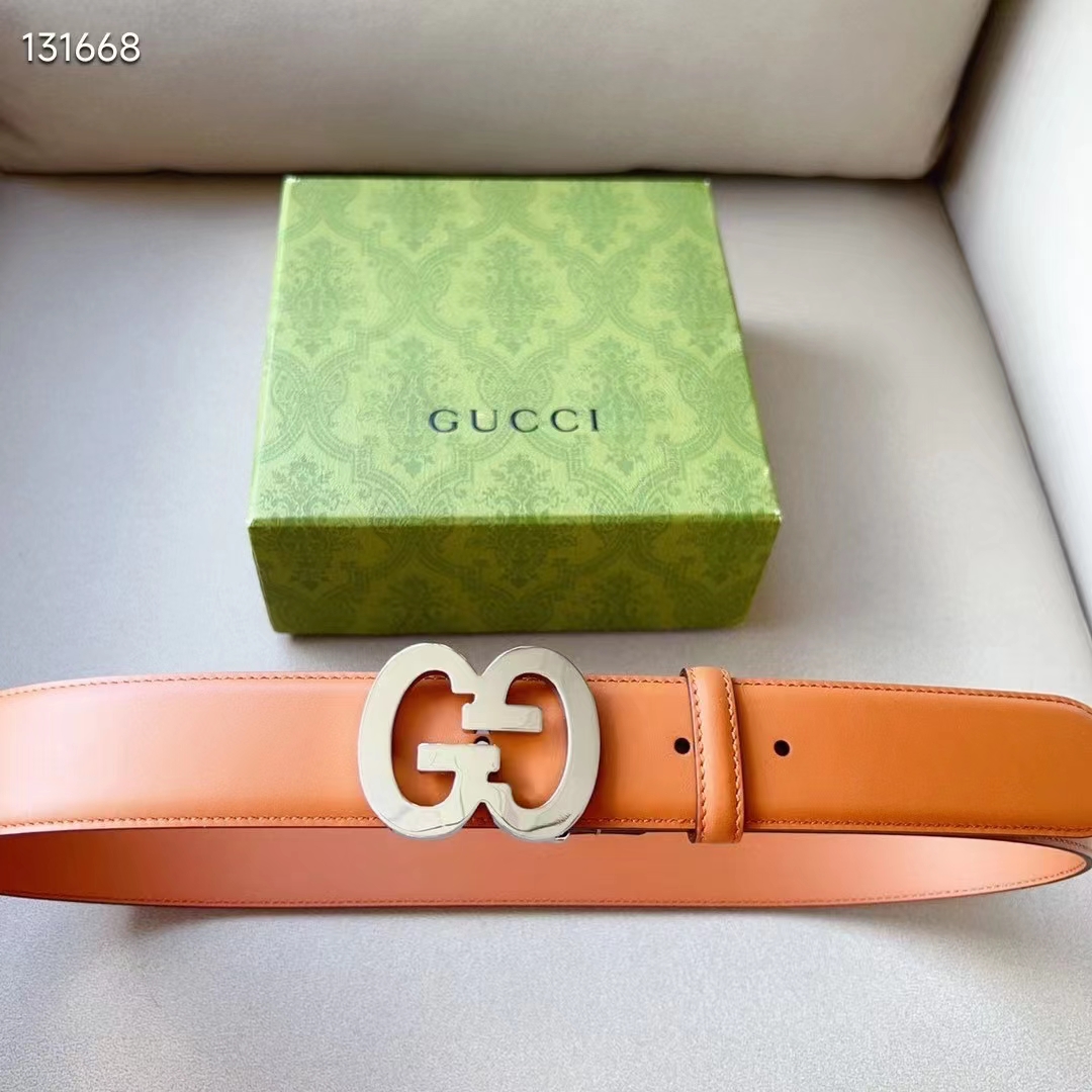 Gucci GG Unisex Buckle Wide Belt Brown Leather Double G 4 CM Width