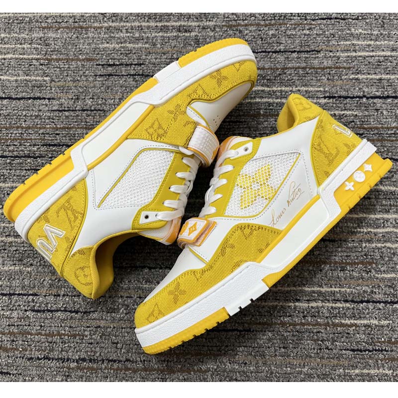 Louis Vuitton Unisex LV Trainer Sneaker Yellow Monogram Denim Rubber Outsole Monogram Flowers