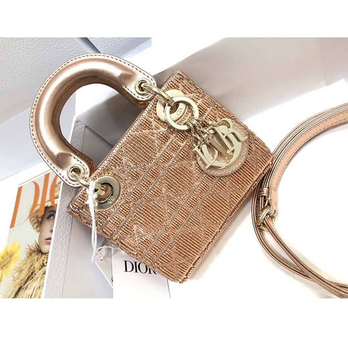 Dior Women CD Mini Lady Bag Caramel Beige Cannage Cotton Embroidered Micropearls