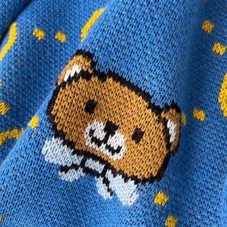 Gucci Women KAI x Gucci GG Jacquard Jumper Dark Blue Teddy Bear Wool Cotton Blend Crewneck