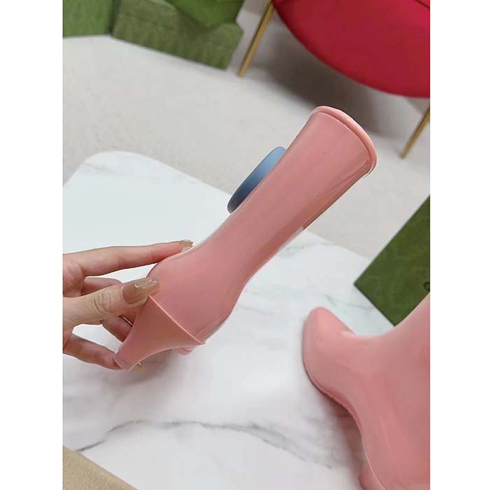 Gucci Women Interlocking G Ankle Boot Pink Shiny Rubber Matte Point Toe Low-Heel