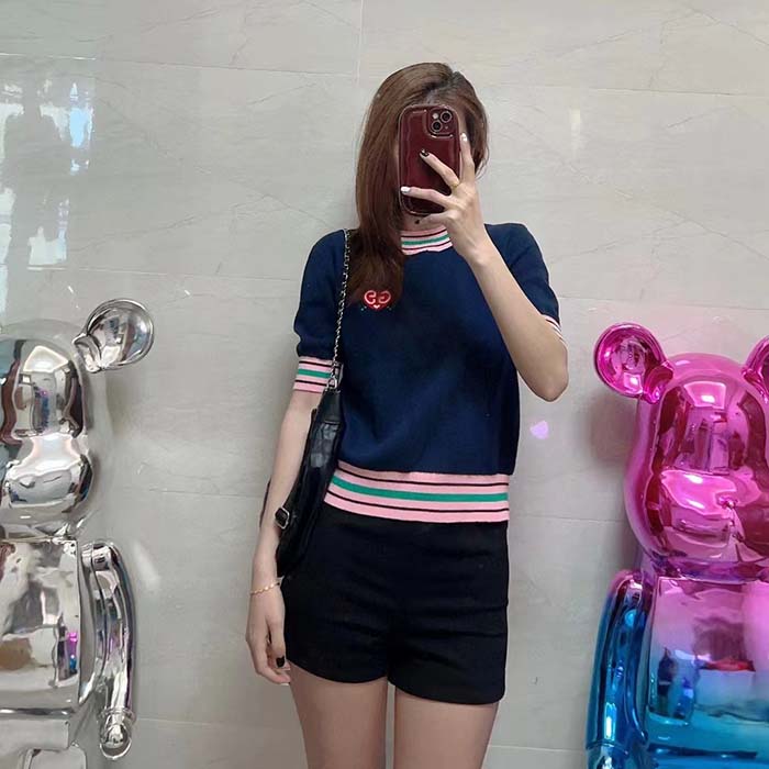 Gucci Women Fine Knit Sweater Embroidery GG Heart Round Neck