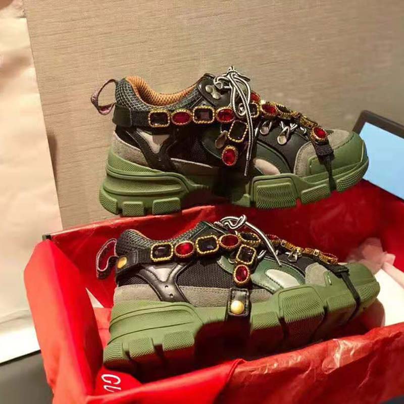 Gucci Unisex Flashtrek Sneaker in Green and Black Leather 5.6 cm Heel