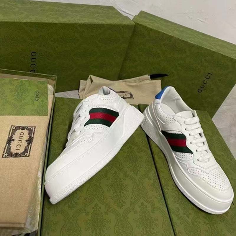 Gucci Unisex Sneaker Web White Leather Green Red Web Lace Up Flat
