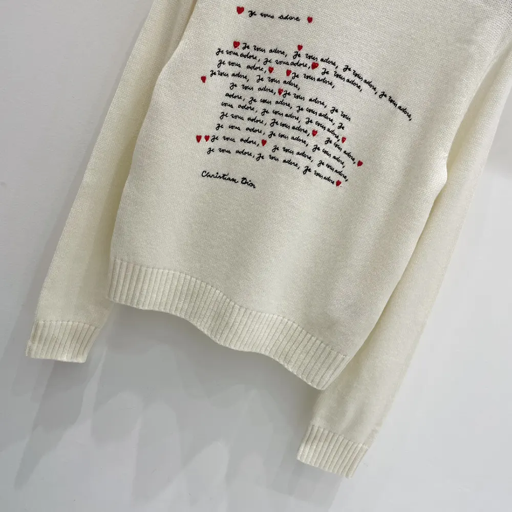 Dior Men Dioramour Embroidered Sweater White Cashmere Knit with Black and Red Je Vous Adore Motif