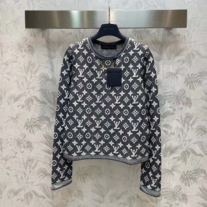 Louis Vuitton Men LV Monogram Jacquard Pullover Wool Cotton Grey Blue Regular Fit